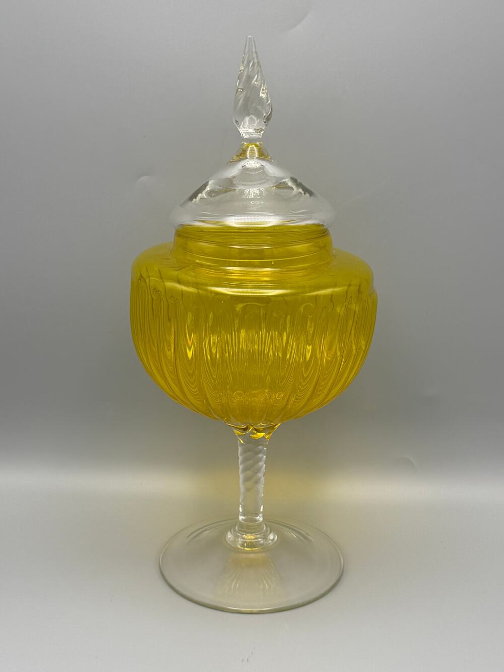 Yellow & Clear Art Glass Pedestal Candy Dish with Lid Twisted Stem Ribbed Bowl